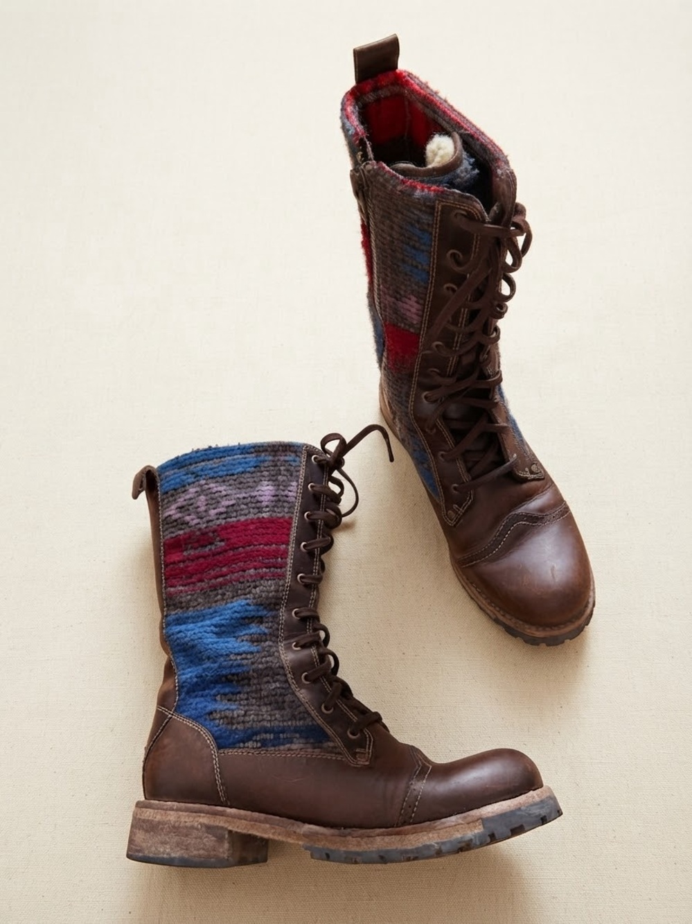 Woolrich Sz 8 Leather Wool Southwestern Side Lace Up Boots